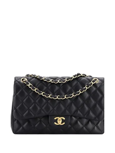 Pre-owned Chanel Classic Double Flap Bag Quilted Lambskin Jumbo Shoulder Bag In Black