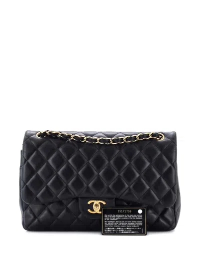 Pre-owned Chanel Classic Double Flap Bag Quilted Lambskin Jumbo Shoulder Bag In Black