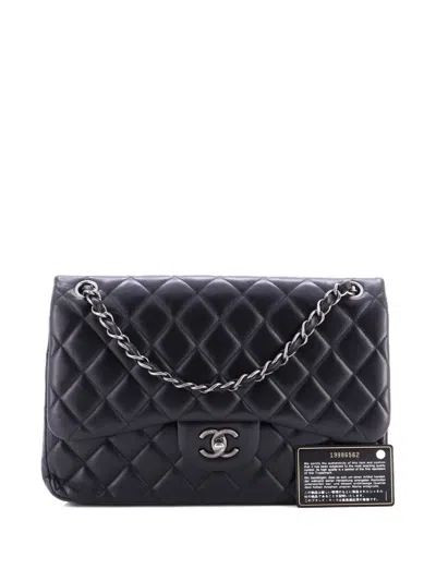 Pre-owned Chanel Classic Double Flap Bag Quilted Lambskin Jumbo Shoulder Bag In Black