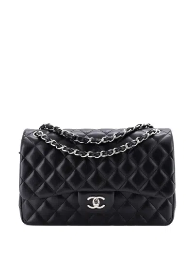 Pre-owned Chanel Classic Double Flap Bag Quilted Lambskin Jumbo Shoulder Bag In Black