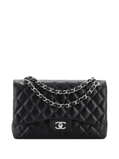 Pre-owned Chanel Classic Double Flap Bag Quilted Lambskin Jumbo Shoulder Bag In Black