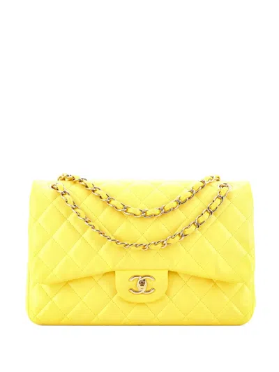 Pre-owned Chanel Classic Double Flap Bag Quilted Lambskin Jumbo Shoulder Bag In Yellow