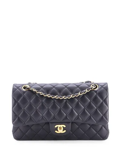 Pre-owned Chanel Classic Double Flap Bag Quilted Lambskin Medium Shoulder Bag In Black