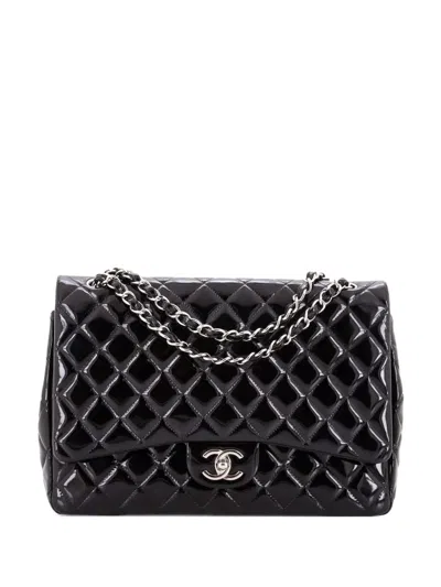 Pre-owned Chanel Classic Double Flap Bag Quilted Patent Maxi Shoulder Bag In Black