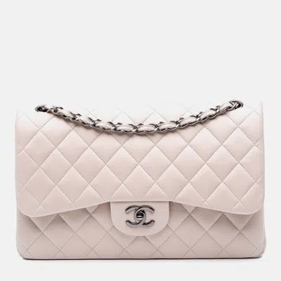 Pre-owned Chanel Classic Double Flap Jumbo Lambskin Shoulder Bag In White