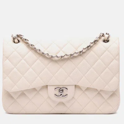 Pre-owned Chanel Classic Double Flap Jumbo White Caviar Shoulder Bag