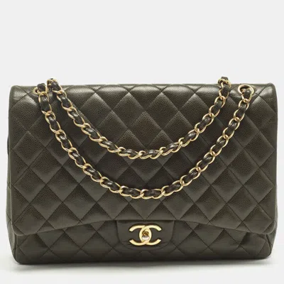 Pre-owned Chanel Classic Double Flap Maxi Green Quilted Caviar Leather Bag