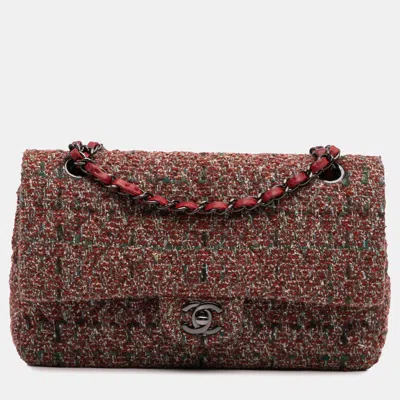 Pre-owned Chanel Classic Double Flap Medium Tweed Shoulder Bag In Red