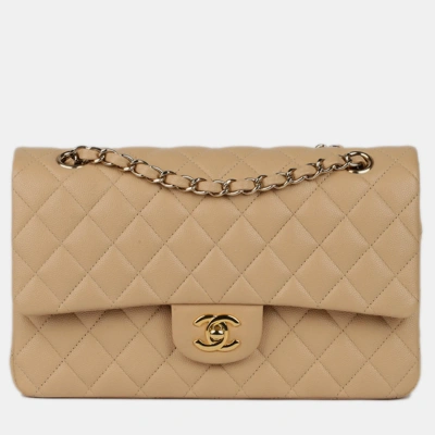 Pre-owned Chanel Classic Double Flap Nude Caviar Leather Ghw Medium Bag In Beige