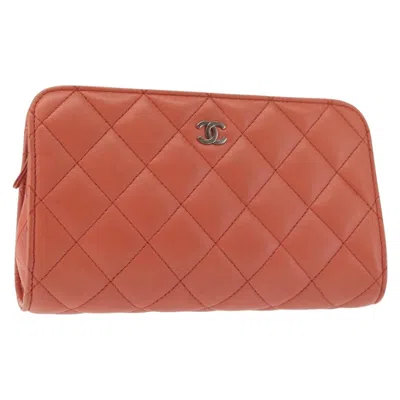 Pre-owned Chanel Classic Double Pocket Zip Pouch Quilted Lambskin Orange Leather Bag ()