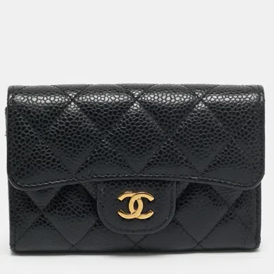 Pre-owned Chanel Classic Flap Black Quilted Caviar Leather Card Holder