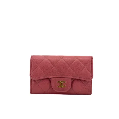 Pre-owned Chanel Classic Flap Card Case Quilted Caviar Pink Leather Card Holders Accessory ()