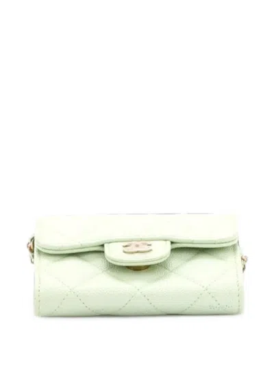 Pre-owned Chanel Classic Flap Card Holder On Chain Quilted Caviar Mini Clutch Bag In 绿色