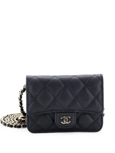 Pre-owned Chanel Classic Flap Card Holder On Chain Quilted Caviar Mini Clutch Bag In Black