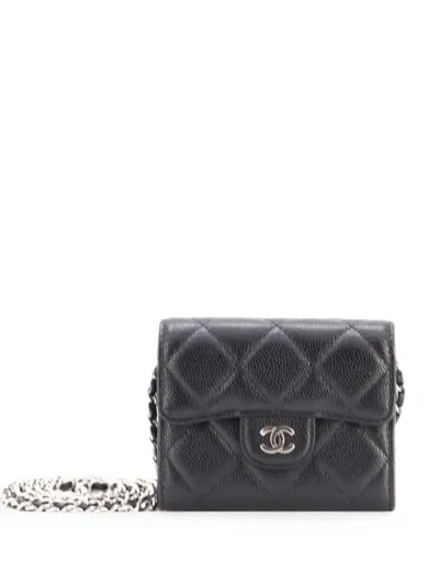Pre-owned Chanel Classic Flap Card Holder On Chain Quilted Caviar Mini Clutch Bag In Black