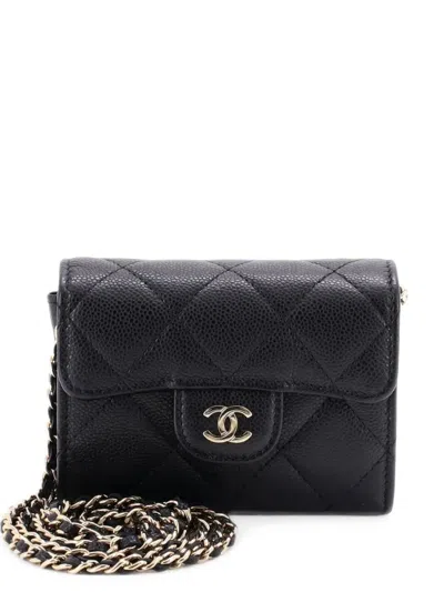 Pre-owned Chanel Classic Flap Card Holder On Chain Quilted Caviar Mini Clutch Bag In Black