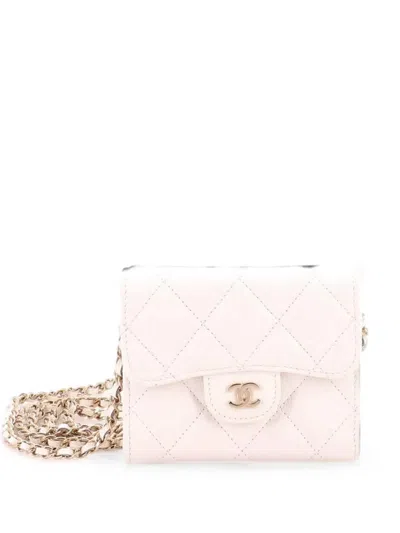 Pre-owned Chanel Classic Flap Card Holder On Chain Quilted Caviar Mini Clutch Bag In White