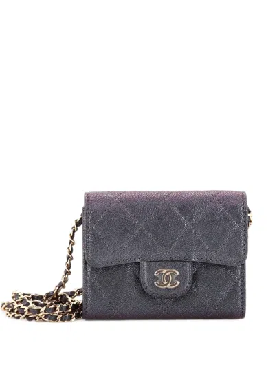 Pre-owned Chanel Classic Flap Card Holder On Chain Quilted Iridescent Caviar Mini Crossbody Bag In Black