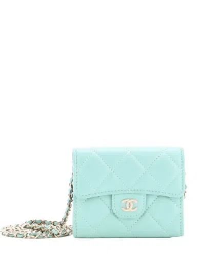 Pre-owned Chanel Classic Flap Card Holder On Chain Quilted Lambskin Mini Clutch Bag In Green