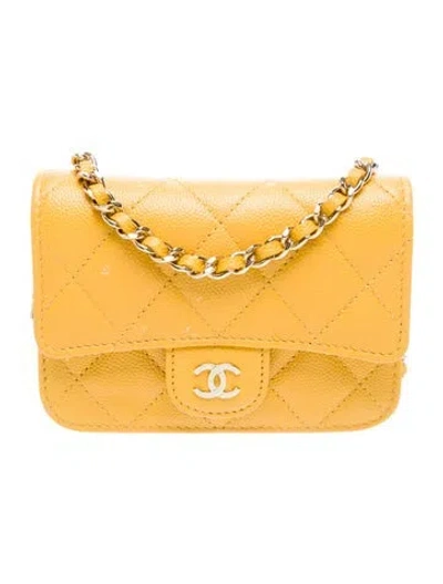 Pre-owned Chanel Classic Flap Card Holder On Chain In Yellow