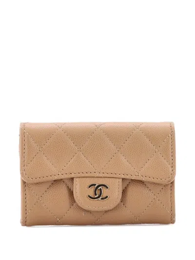 Pre-owned Chanel Classic Flap Case Quilted Caviar Card Holder In Neutral