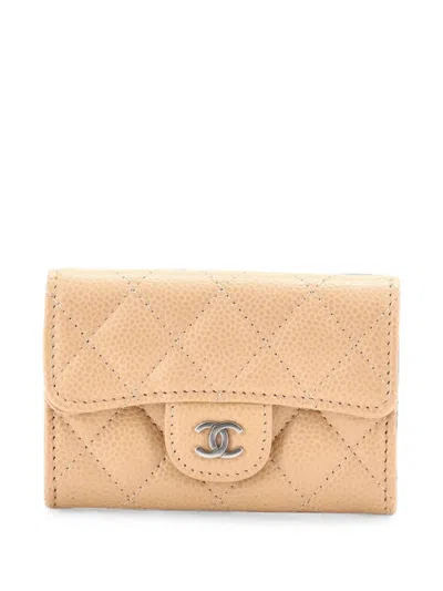 Pre-owned Chanel Classic Flap Case Quilted Caviar Card Holder In Neutral