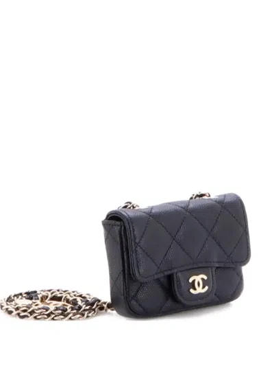 Pre-owned Chanel Classic Flap Chain Quilted Caviar Mini Belt Bag In Black