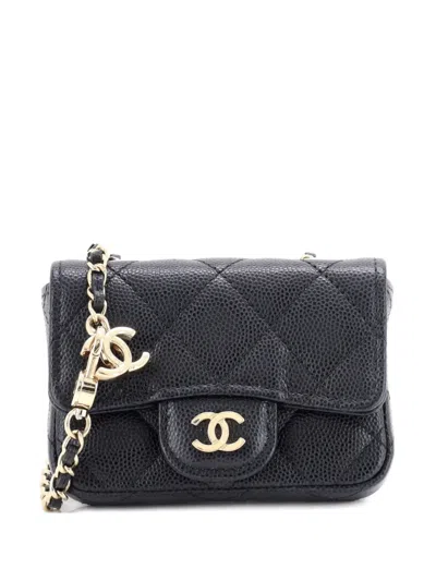 Pre-owned Chanel Classic Flap Chain Quilted Caviar Mini Belt Bag In Black