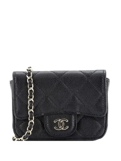 Pre-owned Chanel Classic Flap Chain Quilted Caviar Mini Belt Bag In Black