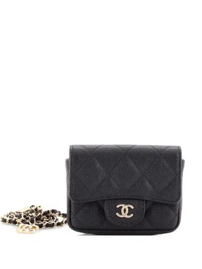 Pre-owned Chanel Classic Flap Chain Quilted Caviar Mini Belt Bag In Black