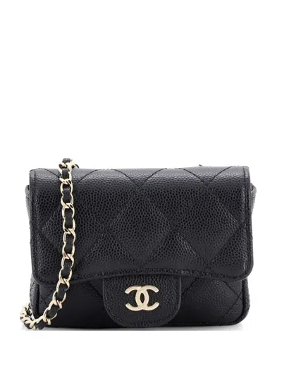 Pre-owned Chanel Classic Flap Chain Quilted Caviar Mini Belt Bag In Black