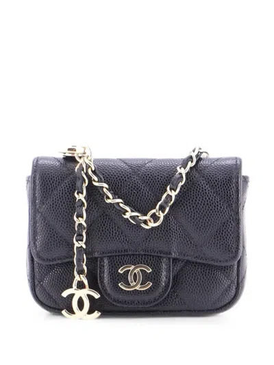 Pre-owned Chanel Classic Flap Chain Quilted Caviar Mini Belt Bag In Black