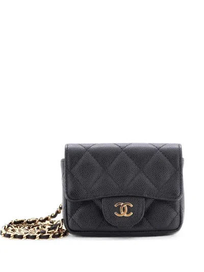 Pre-owned Chanel Classic Flap Chain Quilted Caviar Mini Belt Bag In Black
