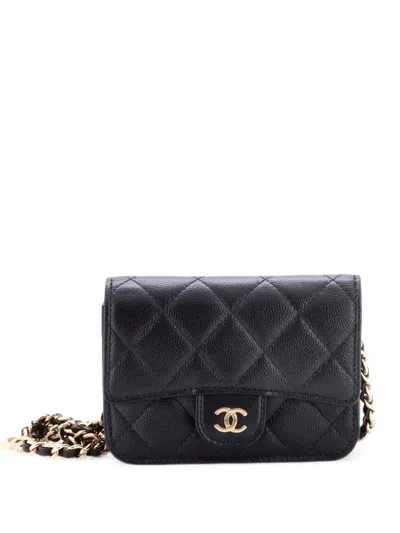 Pre-owned Chanel Classic Flap Chain Quilted Caviar Mini Belt Bag In Black