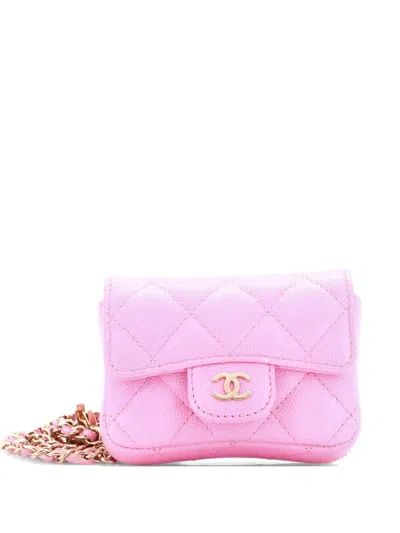 Pre-owned Chanel Classic Flap Chain Quilted Caviar Mini Belt Bag In Pink