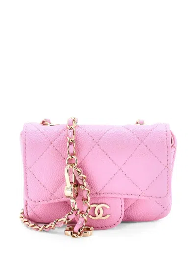 Pre-owned Chanel Classic Flap Chain Quilted Caviar Mini Belt Bag In Pink