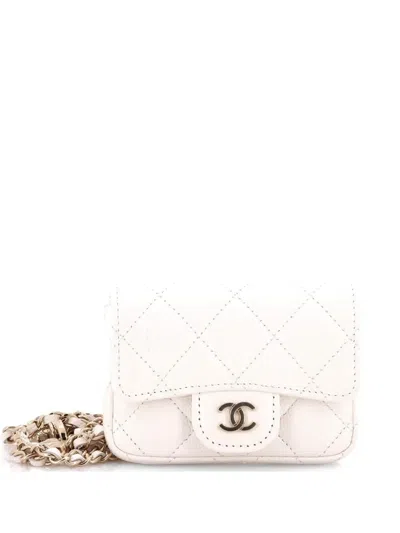 Pre-owned Chanel Classic Flap Chain Quilted Caviar Mini Belt Bag In White