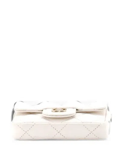 Pre-owned Chanel Classic Flap Chain Quilted Caviar Mini Belt Bag In White