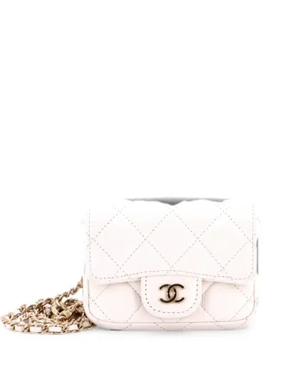 Pre-owned Chanel Classic Flap Chain Quilted Caviar Mini Belt Bag In White