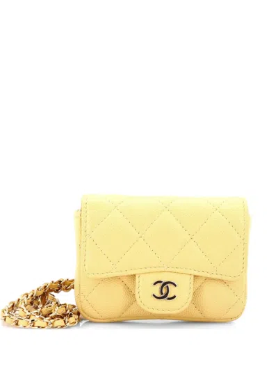 Pre-owned Chanel Classic Flap Chain Quilted Caviar Mini Belt Bag In Yellow