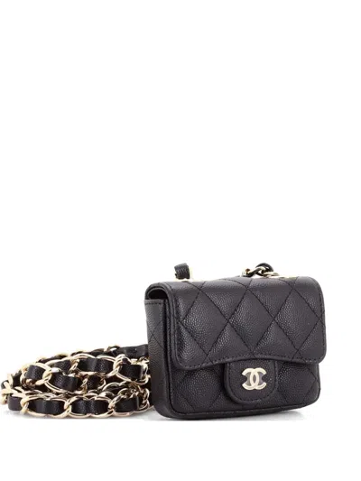 Pre-owned Chanel Classic Flap Charm Chain Quilted Caviar Mini Belt Bag In Black