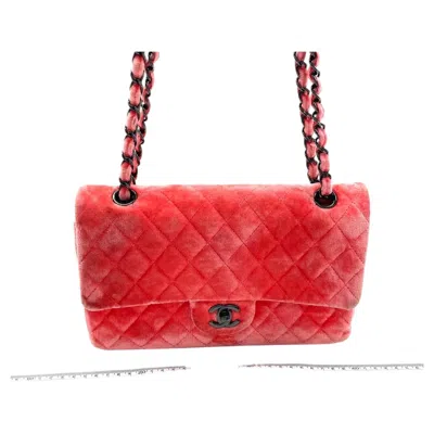 Pre-owned Chanel Classic Flap Medium Coral Orange Velvet Silver Hardware In Red
