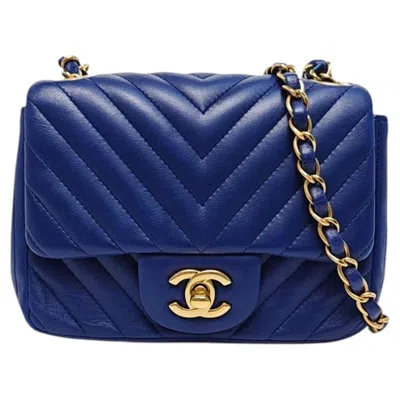 Pre-owned Chanel Classic Flap Mini Square Chevron Stitching Blue Lambskin Gold Hardware