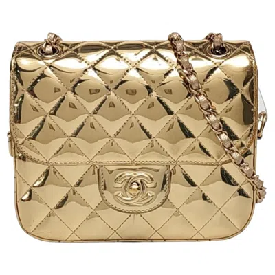 Pre-owned Chanel Classic Flap Mini Square Star Purse Gold Patent Calfskin Leather Mirror G