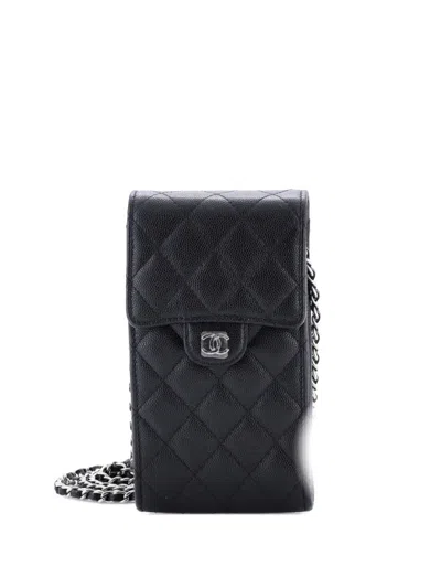 Pre-owned Chanel Classic Flap Phone Holder Quilted Caviar Crossbody Bag In Black