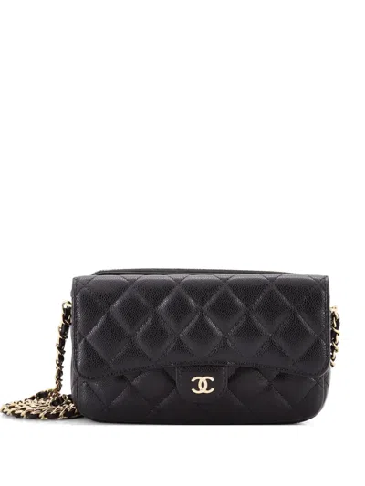 Pre-owned Chanel Classic Flap Phone Holder With Chain Quilted Caviar Clutch Bag In Black
