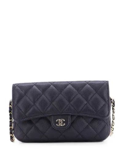 Pre-owned Chanel Classic Flap Phone Holder With Chain Quilted Caviar Clutch Bag In Black