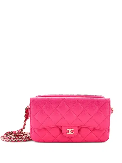 Pre-owned Chanel Classic Flap Phone Holder With Chain Quilted Caviar Clutch Bag In Pink