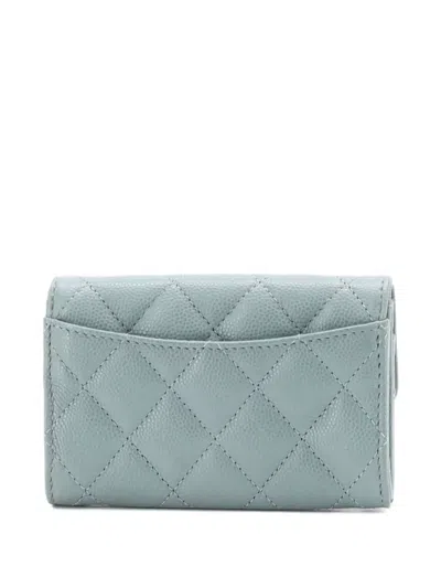 Pre-owned Chanel Classic Flap Quilted Caviar Card Holder In Blue