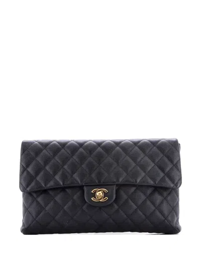 Pre-owned Chanel Classic Flap Quilted Caviar Clutch Bag In Black